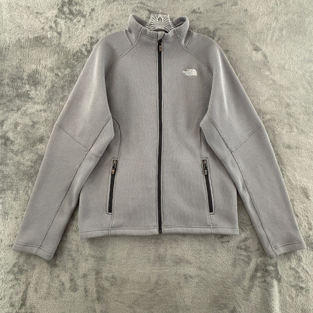 The‎ North Face Ribbed Knit Fleece Jacket Mens M Light Gray Full Zip Pockets
